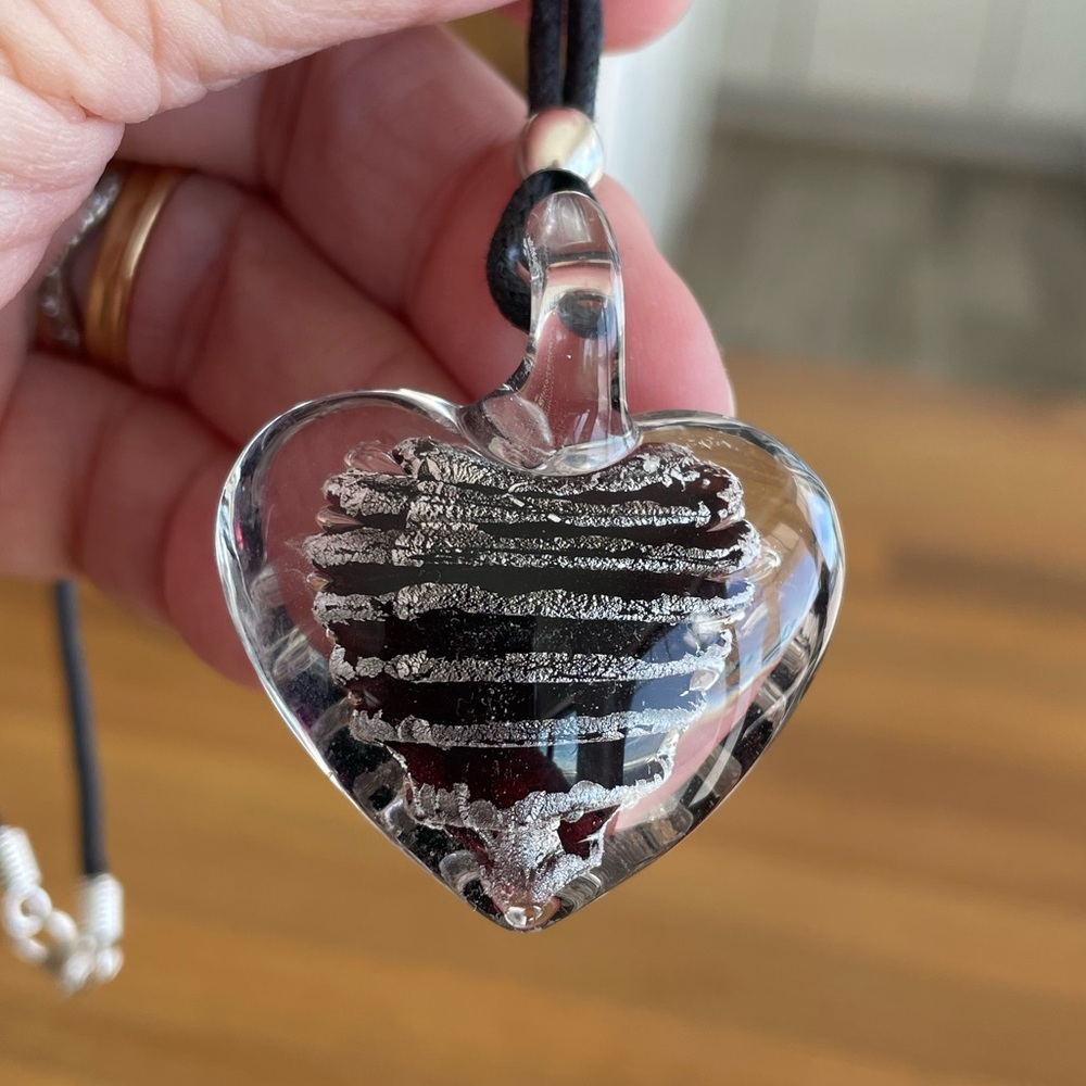 Handmade Deep Purple Foil Lined Glass Heart Necklace on 18” Cord